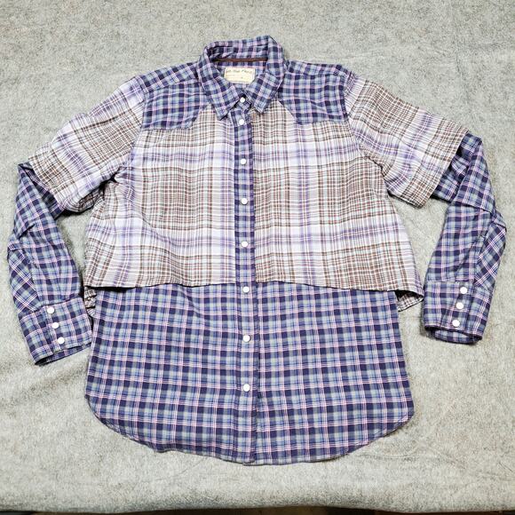 Free People Top Womens Medium Layer It Up Plaid Snap Grunge Flannel Long Sleeve - Picture 1 of 10